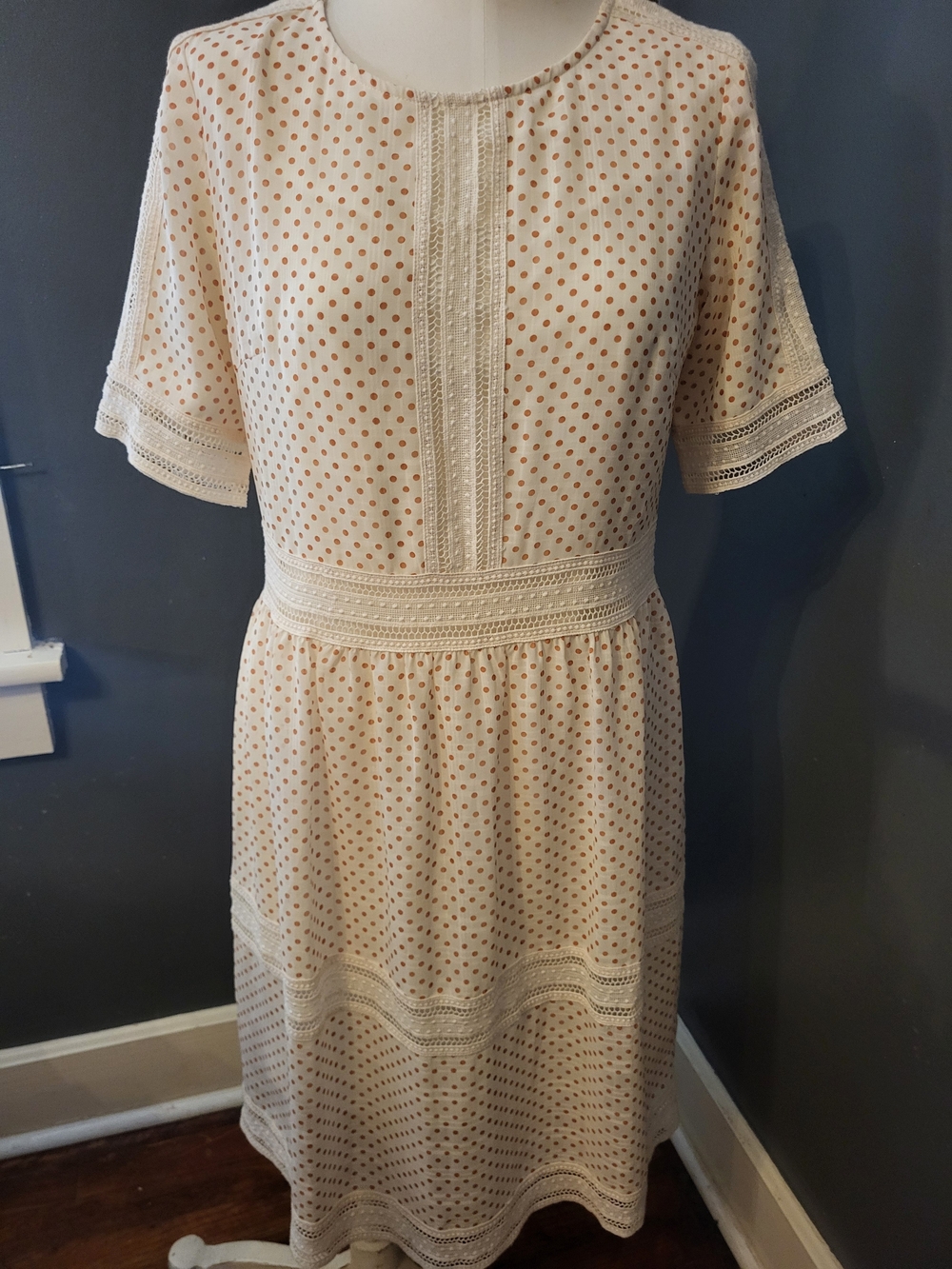 Cream Polka Dot Midi Dress with Lace Trim